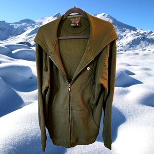 South Pole Solid Color Khaki Green Casual Hooded Knitted Sweater (Size L)